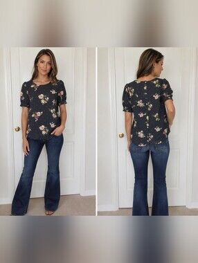 LOFT Floral Polka Dot Short-Sleeve Drapey Blouse Buttondown Back MEDIUM